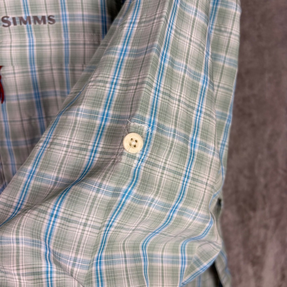 Simms Fishing Shirt Plaid Mens XXL Long Sleeve Roll Tab Green Blue Outdoor Top - Picture 4 of 11
